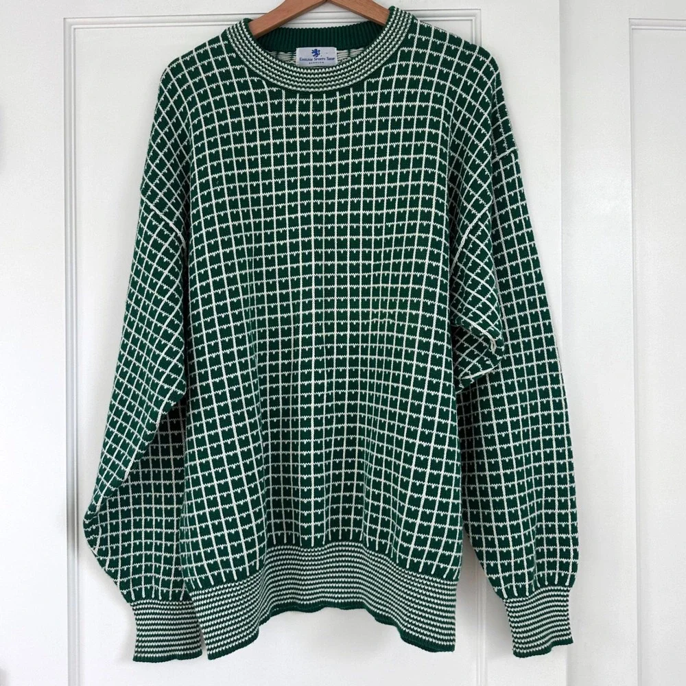 Vintage 90s‎ English Sports Shop Bermuda Green Grid Knit Sweater Cotton Mens L